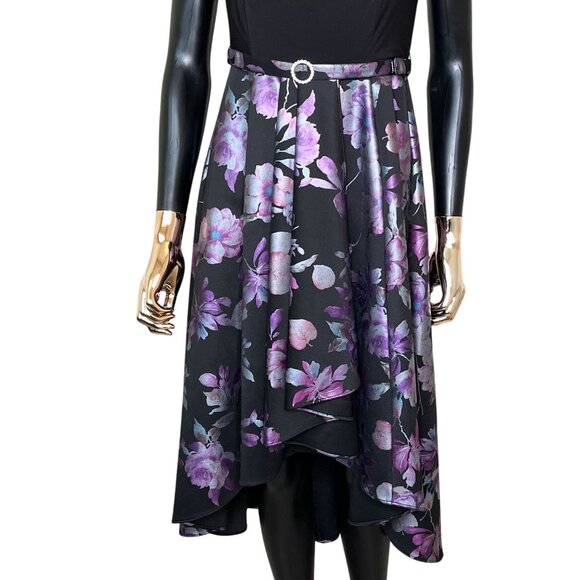 R&M Richards Petite 4 Black Purple Floral Fit & Flare Belted Holiday Party Dress - Picture 6 of 12